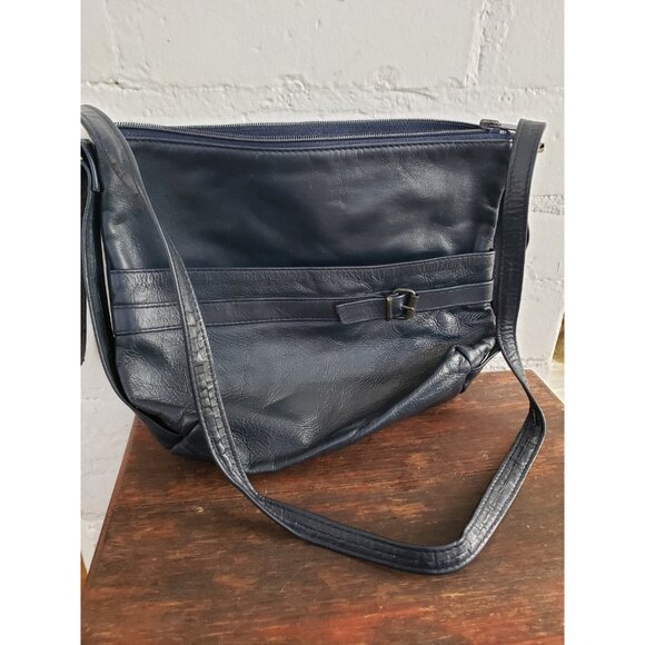 Dark Blue Leather Shoulder Bag with front Buckle and Pouch Vintage Leather Purse - Picture 3 of 10